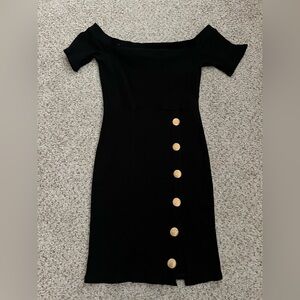 Elegant Black Off-Shoulder Dress with Gold Button Accents
